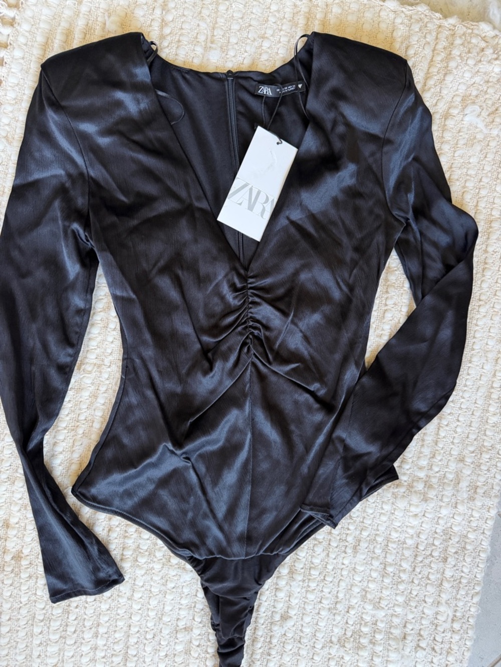 Zara Black Satin Long-Sleeve Ruched Front Bodysuit